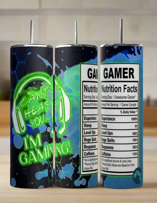 The Kreative Kreationz Gamer 20oz Tumblers are eco-friendly, reusable stainless steel cups with gaming-inspired designs: neon green "Can't hear you, I'm gaming!" with headphones, plus playful "Gamer Nutrition Facts" motifs.
