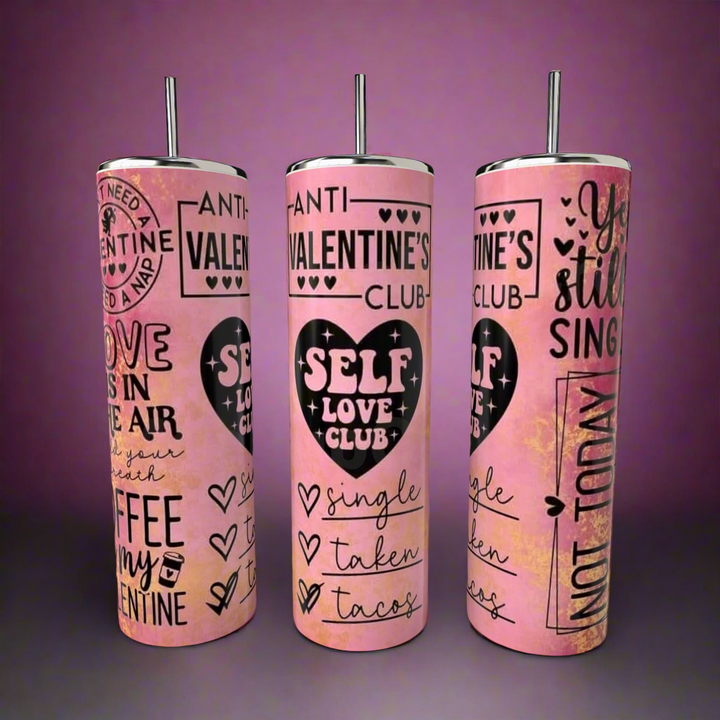 Kreative Kreationz’s Anti Valentines Day 20oz Tumblers feature lids, straws, playful black text, hearts, and witty slogans like "Anti-Valentine's Club"—perfect for a stylish Anti-Valentine’s Day celebration.