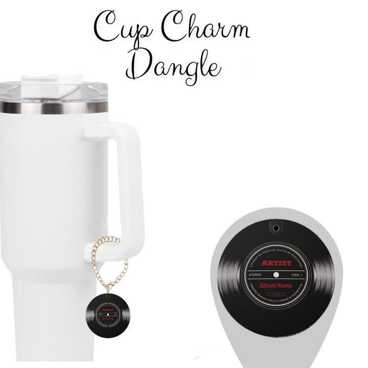 The Kreative Kreationz Personalized Vinyl Charm Dangle is a cup accessory featuring a record-shaped keychain labeled "Artist" and "Album Name," perfect for customizing your drinkware with a unique touch.