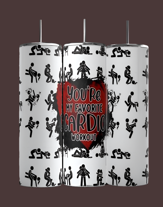 The Kreative Kreationz "You're My Favorite Cardio" 20oz Skinny Tumbler set includes three white cylindrical stainless steel tumblers displaying black stick figures in workout poses. The center tumbler features a red splash with the phrase in bold font. An eco-friendly design and dark brown background add a luxurious touch.