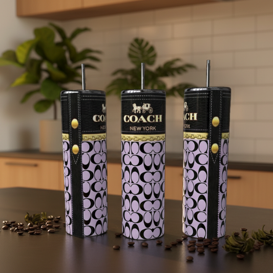 Three lilac tumblers on a kitchen counter with coffee beans scattered around.