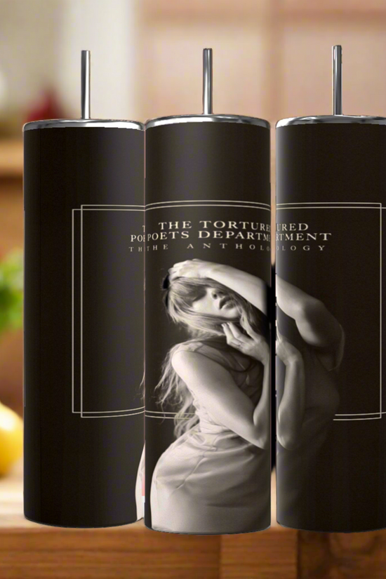 Three black stainless steel Kreative Kreationz Anthology TTPD 20oz tumblers with metal straws are lined up, each featuring a grayscale portrait of a woman and "The Tortured Poets Department: The Anthology" text for a luxe, durable look.