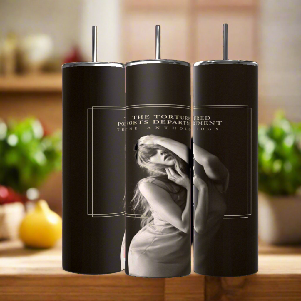 Three black stainless steel Kreative Kreationz Anthology TTPD 20oz tumblers with metal straws are lined up, each featuring a grayscale portrait of a woman and "The Tortured Poets Department: The Anthology" text for a luxe, durable look.