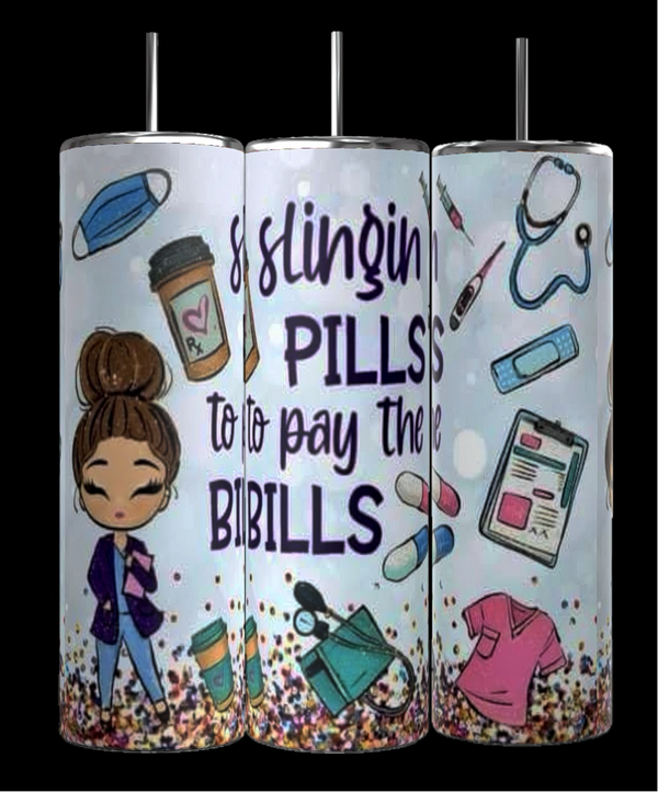 The Kreative Kreationz Nurse Slinging Pills To Pay The Bills 20oz Tumbler features nurse-themed illustrations like a clipboard, stethoscope, and scrubs. Ideal gift for nurses, with “Slingin’ PILLS to pay the BILLS” printed on the center.