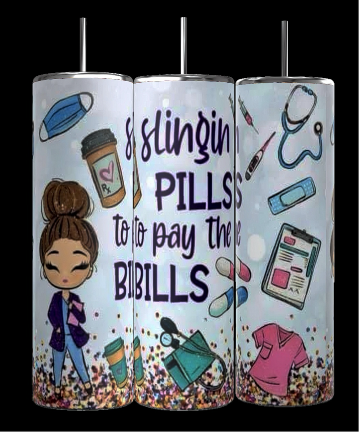 The Kreative Kreationz Nurse Slinging Pills To Pay The Bills 20oz Tumbler features nurse-themed illustrations like a clipboard, stethoscope, and scrubs. Ideal gift for nurses, with “Slingin’ PILLS to pay the BILLS” printed on the center.