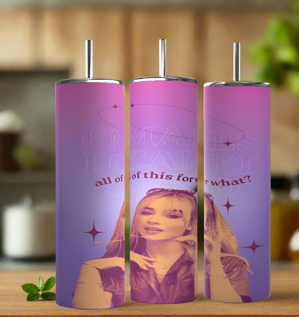 Three tall tumblers from the Sabrina Carpenter Emails I Couldn't Send collection by Kreative Kreationz sit on a kitchen counter. Featuring pink and purple gradients, a woman's portrait amid abstract shapes, and text like "all of this for what?" they're eco-friendly, reusable stainless steel.