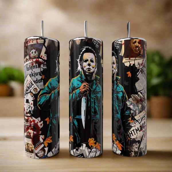 Kreative Kreationz's Michael Myers Halloween Series 20oz Tumblers feature spooky designs with Michael Myers, autumn leaves, and newspaper clippings—an ideal reusable gift for horror fans.