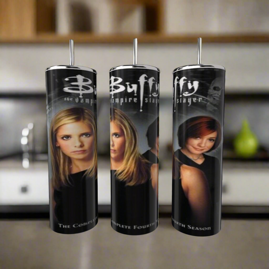 Three Kreative Kreationz Buffy The Vampire Slayer 20oz tumblers are displayed on a kitchen counter, each featuring luxury-inspired designs with characters and text from the show, highlighting three different women and indicating various seasons.