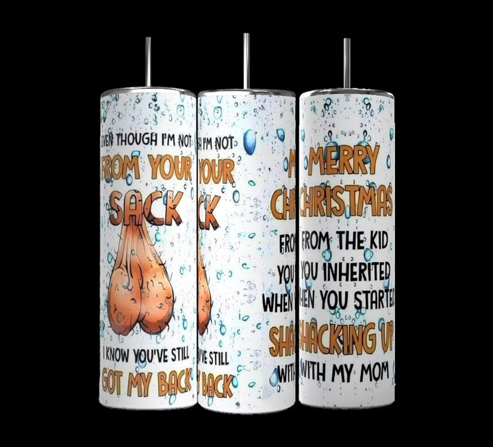 The "Thank You For Shacking Up With My Mom" 20oz Skinny Tumbler by Kreative Kreationz features three vertically aligned, eco-friendly stainless steel tumblers with humorous Christmas-themed text and cartoon ball sack illustrations. The playful design stands out in festive colors on a white background adorned with water droplets.