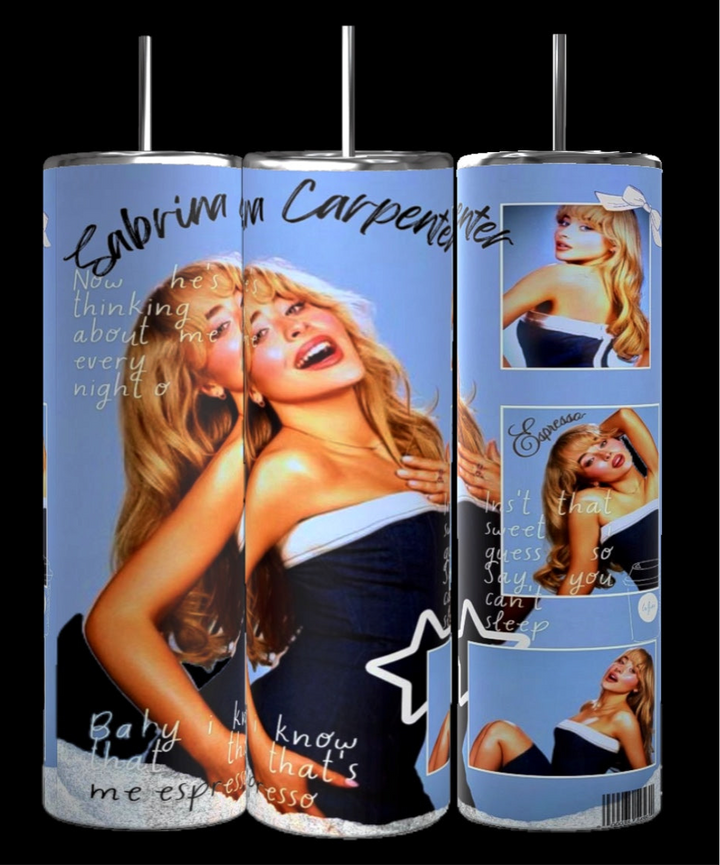 The Kreative Kreationz Sabrina Carlenter Expresso 20oz Tumbler features playful photos of a blonde woman on a blue background, handwritten-style song lyrics, durable construction, and a spill-proof lid—perfect for on-the-go.
