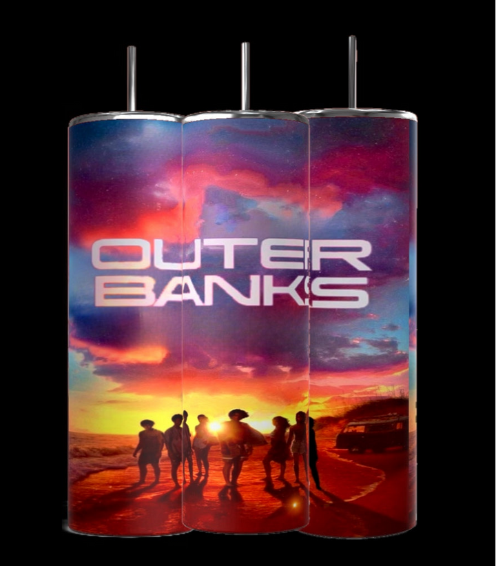 Kreative Kreationz offers three 20oz stainless steel tumblers with a sunset beach design featuring silhouettes of people and a vehicle. "OUTER BANKS" is displayed in bold white letters, making these OBX - Sunset tumblers stylish and eco-friendly for conscious consumers.