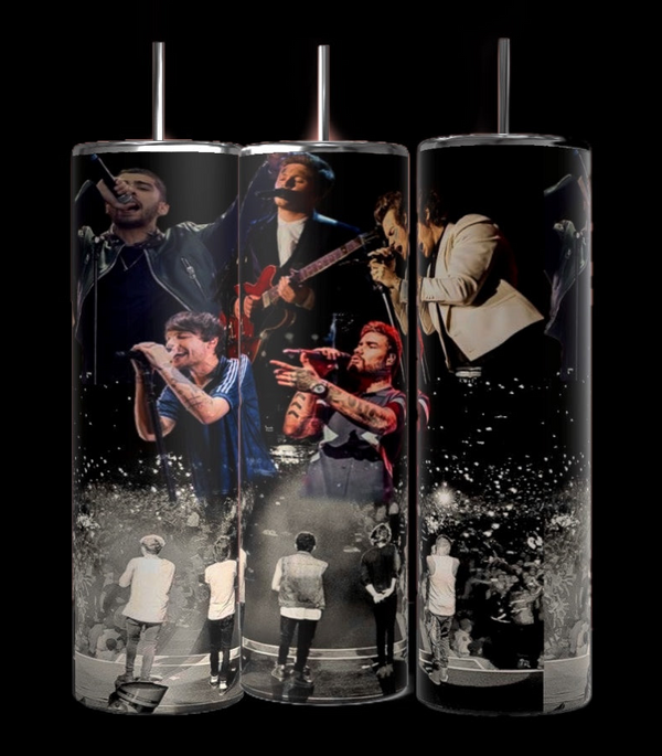 The Kreative Kreationz One Direction Collage 20oz Stainless Steel Tumbler features all five band members on stage with microphones and guitars, set against a lively concert crowd—perfect for any One Direction fan seeking a stylish reusable drinkware option.