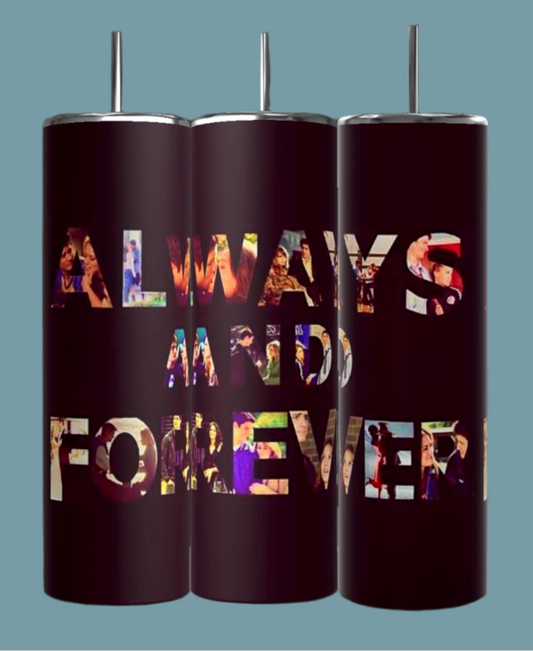 Three One Tree Hill “Always and Forever” 20oz tumblers by Kreative Kreationz, featuring cutout lettering with a colorful photo collage inside, are shown against a blue background.