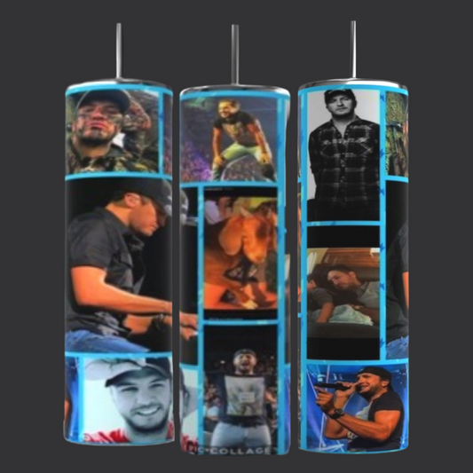 Three eco-friendly tumblers from Kreative Kreationz, named the Luke Combs 20oz Stainless Steel Tumbler, feature a collage of photos of Luke Combs in various settings and outfits, framed with a blue border on a stainless steel backdrop against dark gray for vibrant contrast.