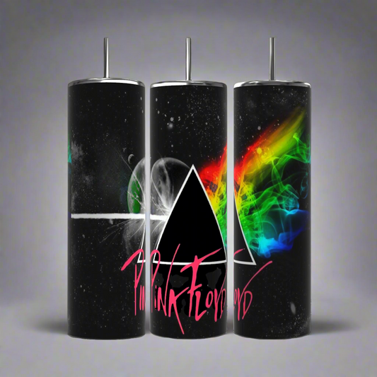 The Pink Floyd 20oz Tumbler by Kreative Kreationz features a luxurious stainless steel design with a dark motif, highlighting a prism splitting light into a rainbow and "Pink Floyd" in stylish pink lettering at the bottom.