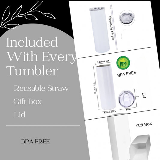 Promotional image of the Kreative Kreationz Alani 20oz SILVER STAINLESS STEEL Tumbler, featuring durable construction, BPA-free spill-proof lid, reusable straw, and gift box. Text highlights included items and BPA-free design.