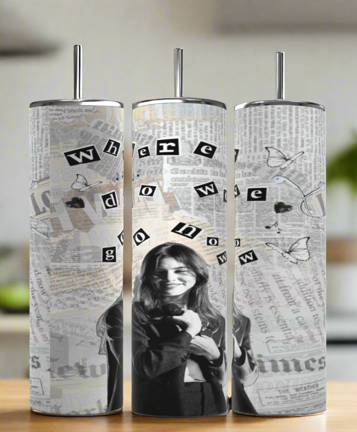 Set of three Gracie Abrams NY Times Music 20oz Skinny Tumblers by Kreative Kreationz, featuring eco-friendly stainless steel, newspaper print, black-and-white butterflies, collage text "where do we go now," and a black-and-white photo of a smiling woman in a jacket.