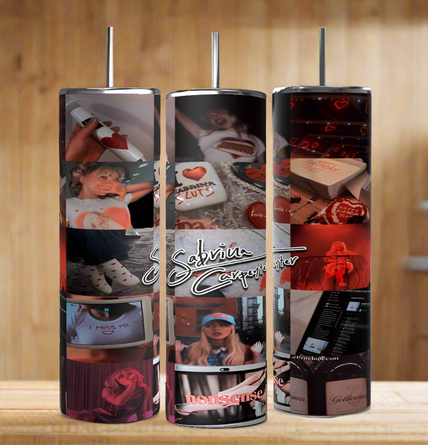 The Sabrina Carpenter Nonsense Tumbler by Kreative Kreationz is a set of three luxury tumblers with photo collages of a notebook, roses, coffee cup, and person in a hat. "Sabrina Carpenter" stands out on the wooden background. Made from high-quality stainless steel for an eco-friendly touch.