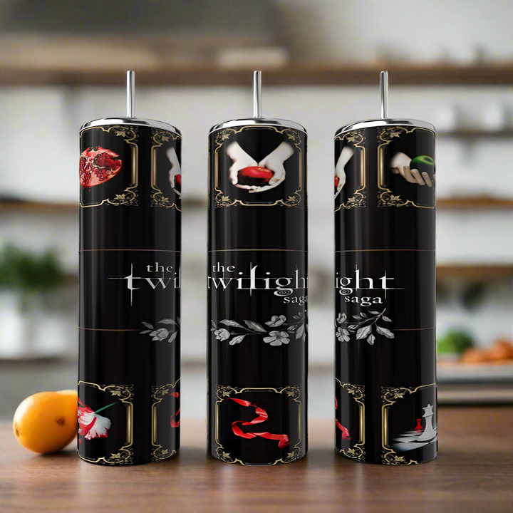 Three Twilight 20oz Tumblers by Kreative Kreationz, each featuring “The Twilight Saga” text and iconic book cover images, blend eco-friendly materials and luxury-inspired design—perfect for fans on your kitchen counter.