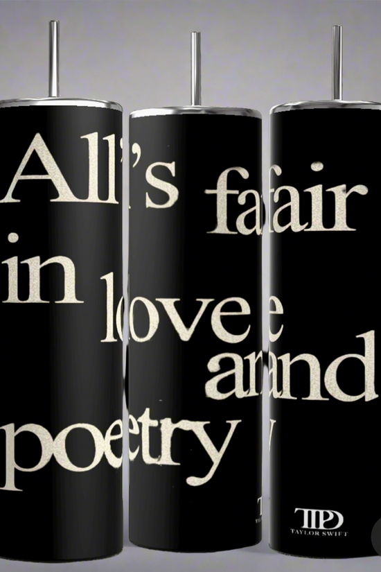 Kreative Kreationz's Taylor Swift All’s Fair TTPD 20oz Skinny Tumblers are a set of three black tumblers with silver, spill-proof lids and reusable straws. Each tumbler features a portion of the phrase 