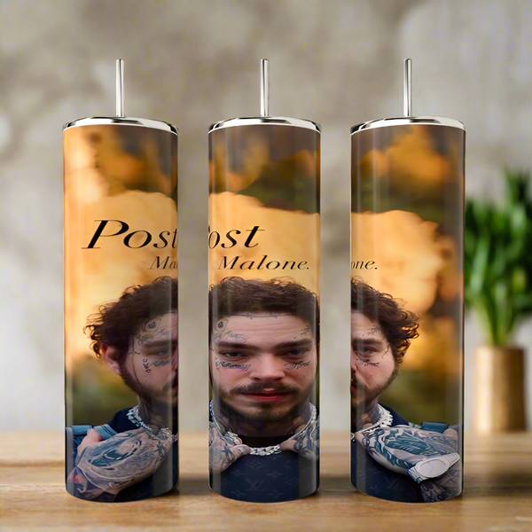 Three durable Kreative Kreationz 20oz tumblers feature a tattooed, bearded person against a warm, blurred nature scene with "Post Malone" text. Arranged vertically on wood, each tumbler includes a spill-proof lid for convenience.