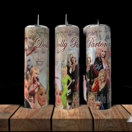 Three Kreative Kreationz Dilly Parton 20oz Skinny Tumblers with straws display multiple images of Dolly Parton in various outfits and her name in script, shown on a wooden surface against a black background. Perfect for any fan!.