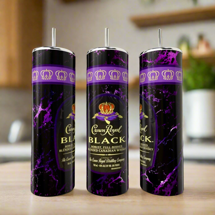 Kreative Kreationz Crown Black 20oz Tumblers feature a luxury black and purple marble design with Crown Royal Black logo and crown motifs. The stainless steel tumblers include straws and are displayed on a kitchen counter.