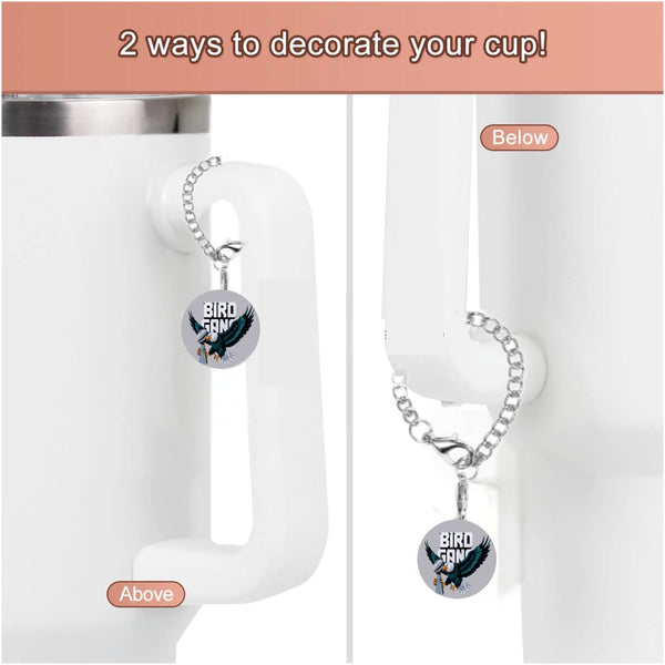 Showcasing the Eagles Bird Gang Charm Dangle by Kreative Kreationz: a white cup with a “BIRD GANG” pendant charm attached in two ways to the handle, above and below. Text reads, “2 ways to decorate your cup!”.