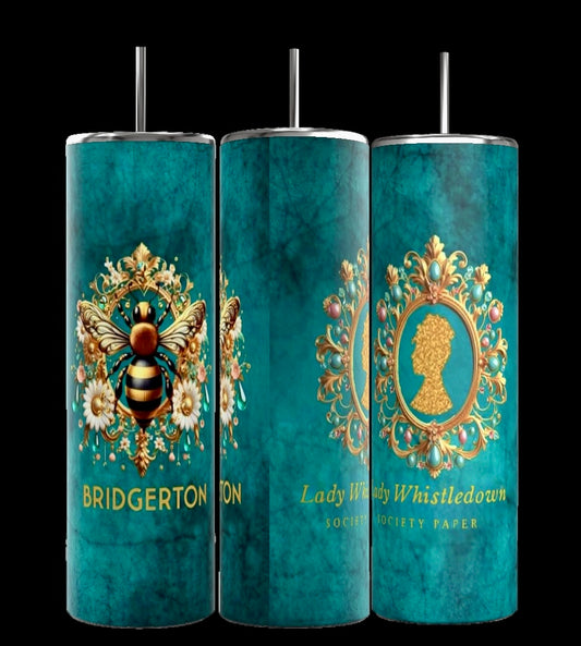 Three Teal Ladies Bridgerton 20oz Stainless Steel Tumblers by Kreative Kreationz feature ornate designs. One boasts a bee over "BRIDGERTON," another a silhouette cameo saying "Lady Whistledown Society Paper." These eco-friendly tumblers come with metal straws and lids for a chic touch.