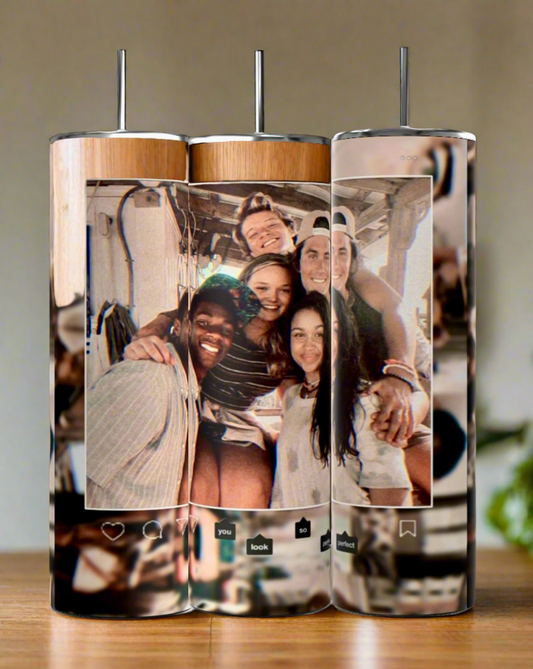 The Kreative Kreationz Outer Banks 20oz Tumblers feature a merged photo of five friends with an Instagram-style frame, stainless steel straws, and wooden lids—eco-friendly drinkware perfect for preserving memories.