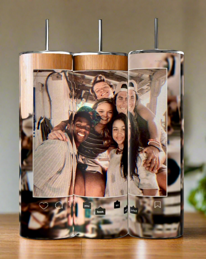 The Kreative Kreationz Outer Banks 20oz Tumblers feature a merged photo of five friends with an Instagram-style frame, stainless steel straws, and wooden lids—eco-friendly drinkware perfect for preserving memories.