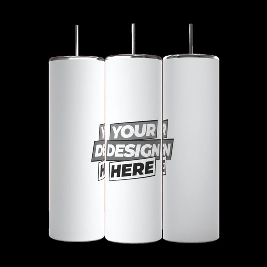 Three Kreative Kreationz Custom 20oz Skinny Tumblers with metal straws are displayed on a black background. Each eco-friendly, reusable white tumbler shows “YOUR DESIGN HERE” in bold black and gray text on the front.