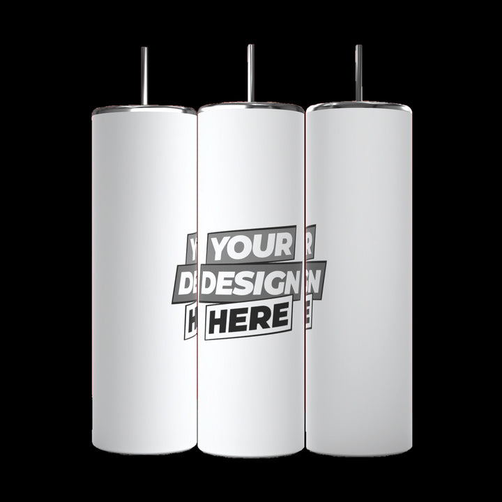 Three Kreative Kreationz Custom 20oz Skinny Tumblers with metal straws are displayed on a black background. Each eco-friendly, reusable white tumbler shows “YOUR DESIGN HERE” in bold black and gray text on the front.
