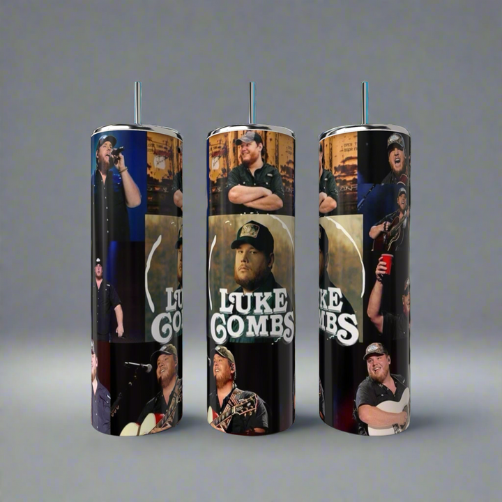 The Kreative Kreationz Luke Combs 20oz Tumbler features stainless steel drinkware with lids and straws, showcasing images of Luke Combs performing on a gradient gray background and his name in bold white letters.