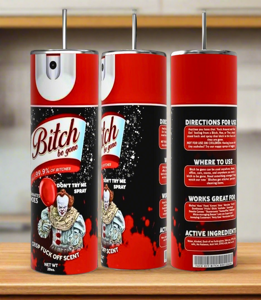 Three "Pennywise Be Gone Spray" cans featuring a clown sit on a counter. Pair it with Kreative Kreationz’s 20oz Pennywise Be Gone Tumbler, echoing the same bold red, black, and white Halloween design.