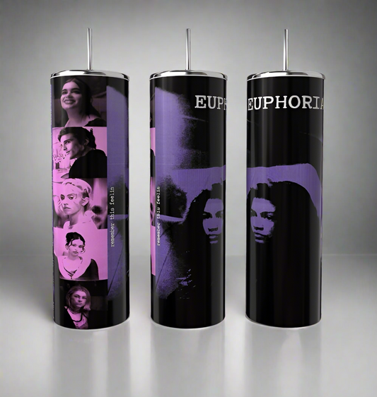 Discover Kreative Kreationz's eco-friendly Euphoria 20oz Tumblers, featuring luxury-inspired designs. The left displays pink-tinted portraits, the middle showcases abstract purple and black art, and the right bears "EUPHORIA" with a partial face image.