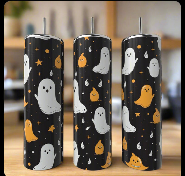 The Kreative Kreationz Ghosts 20oz Tumblers feature cute white and orange ghost designs with stars and sparkles on black backgrounds. Each stainless steel tumbler is shown indoors against a blurred backdrop.