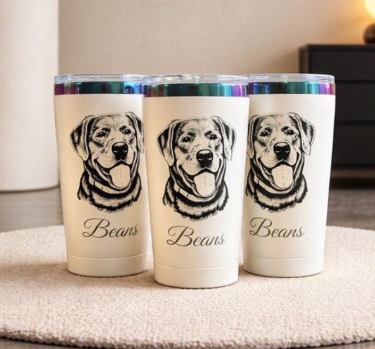 20oz Rainbow Plated Tumbler | Laser-Engraved Pet Portrait with Name