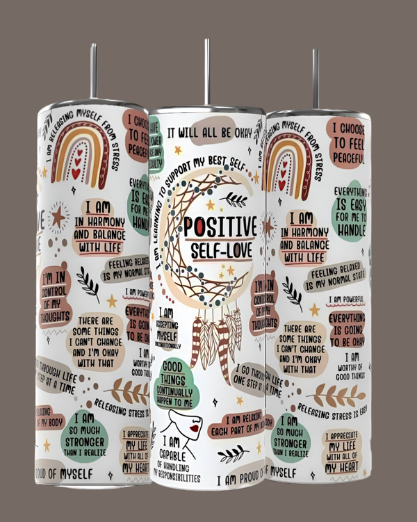The Kreative Kreationz Positive Self Love Affirmations 20oz Skinny Tumbler features vibrant illustrations like rainbows, dreamcatchers, and flowers with positive affirmations such as "I am in harmony" and "Everything will be okay," all in a double-wall insulated design.