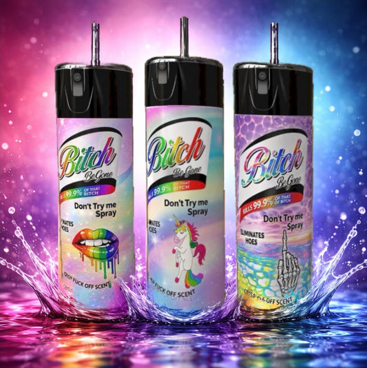 Three tumblers with colorful labels on a vibrant, multicolored background.