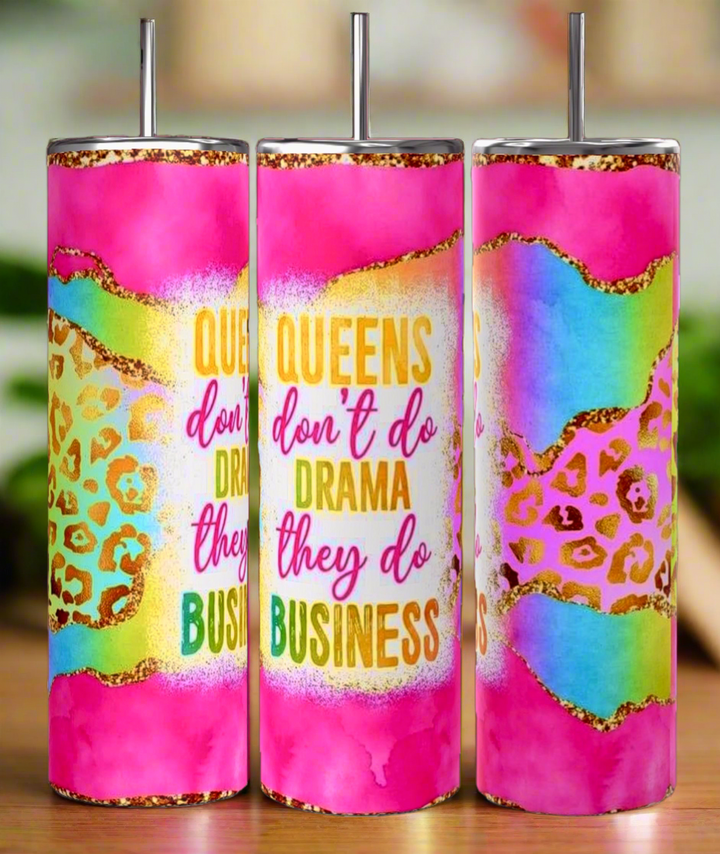 Kreative Kreationz Boss Lady 20oz Tumblers come in a vibrant pink, gold, green, and leopard print with metal straws. The center reads "Queens don't do drama they do business." Sip eco-friendly and stylish!.
