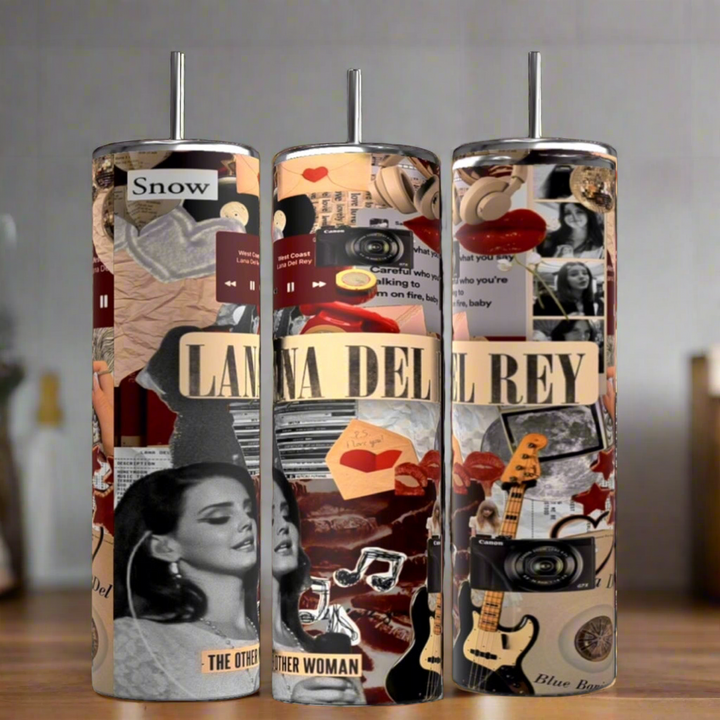 The Lana Del Rey Collage Tumblers by Kreative Kreationz are tall and cylindrical, featuring guitar and record designs. Made from eco-friendly stainless steel, they stylishly embody sustainable drinkware.