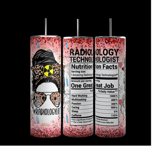 The Kreative Kreationz X-Ray Tech 20oz Tumbler set includes three durable and colorful designs: one features a woman with glasses, #RADIOLOGYLIFE text, and a radioactive symbol, while the other two have humorous "Radiology Technologist" mock nutrition labels. Perfect for any enthusiast!.