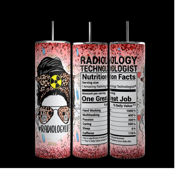 The Kreative Kreationz X-Ray Tech 20oz Tumbler set includes three durable and colorful designs: one features a woman with glasses, #RADIOLOGYLIFE text, and a radioactive symbol, while the other two have humorous "Radiology Technologist" mock nutrition labels. Perfect for any enthusiast!.