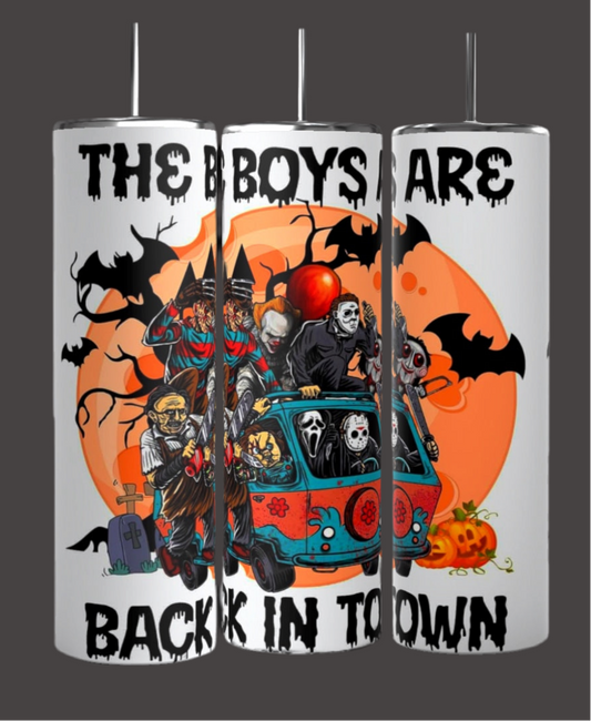 Kreative Kreationz's 20oz tumbler, "Boys Are Back In Town," features characters in Halloween costumes along with a van, bats, and pumpkins against an orange moon backdrop, creating a perfect festive tone.