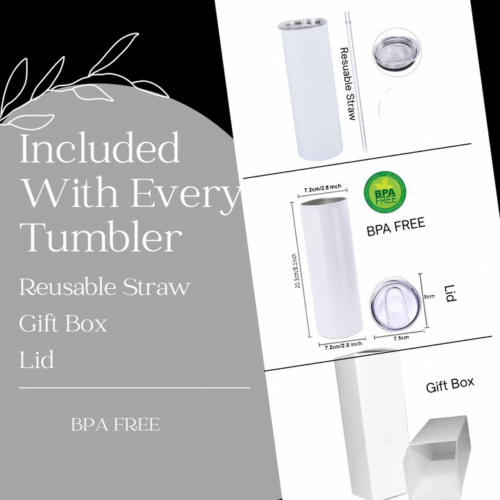 Promotional graphic showcasing the Kreative Kreationz "Look What You Made Me Do" Taylor Swift 20oz skinny tumbler—white, BPA-free, with reusable straw, spill-proof lid, and gift box. All items included with each purchase.