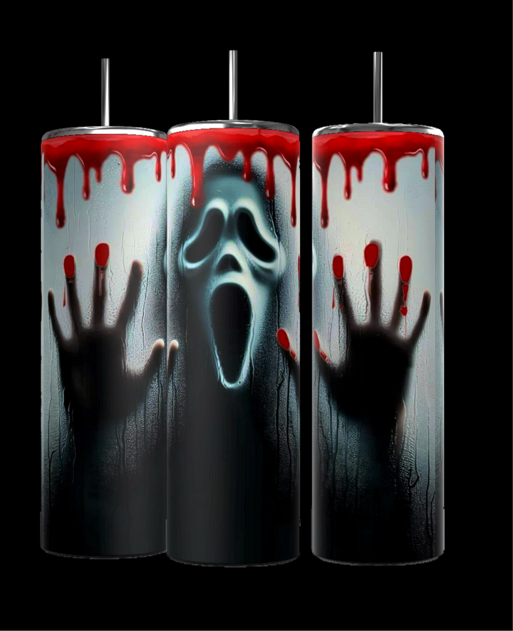 Kreative Kreationz GhostFace Killer 20oz Tumblers feature a horror design with ghostly hands and face on a glass-like surface, surrounded by red paint dripping like blood—eco-friendly and reusable. Available in sets of three stainless steel tumblers.