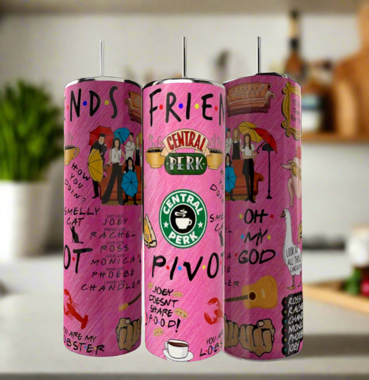 The Friends 20oz Tumbler by Kreative Kreationz features tall, pink stainless steel construction with colorful Friends quotes like "PIVOT!" and "Joey doesn't share food," offering eco-friendly, luxe-inspired style for any fan.