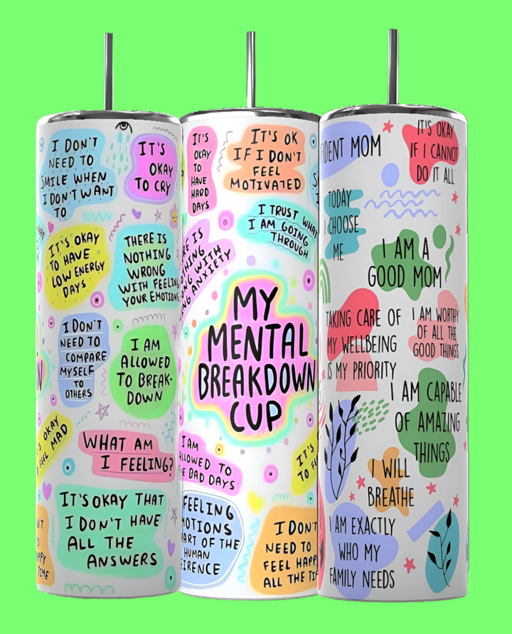 The Kreative Kreationz Mental Health Affirmations 20oz Skinny Tumbler features colorful, eco-friendly designs with uplifting phrases like "I am a good mom" and "It's okay to have off days" on a bright green background.