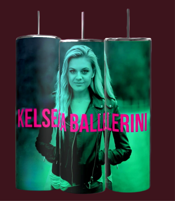 Three eco-friendly, stainless steel tumblers from Kreative Kreationz feature a woman in a leather jacket with blonde hair. The "Kelsea Ballerini" text shines in neon pink on a teal backdrop, blending style with sustainability in the Neon 20oz Tumbler.